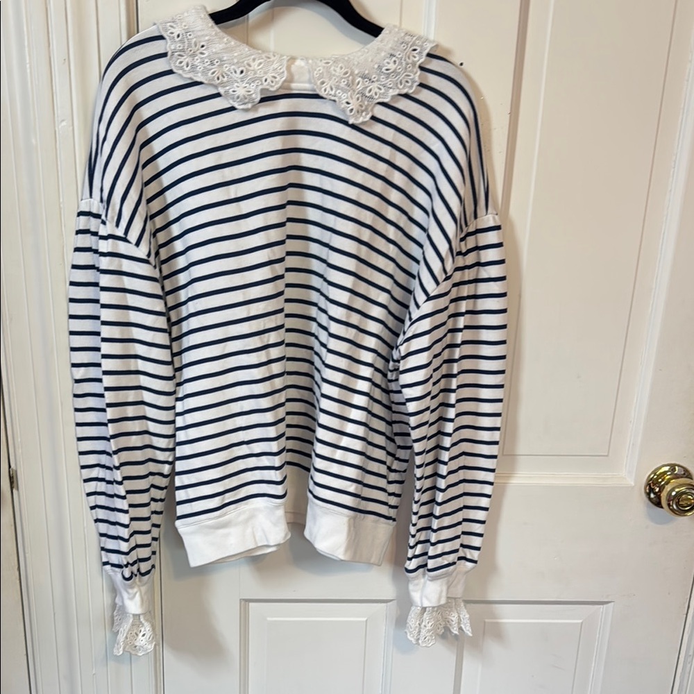 J. Crew Navy and White Striped Sweater with Lace Details